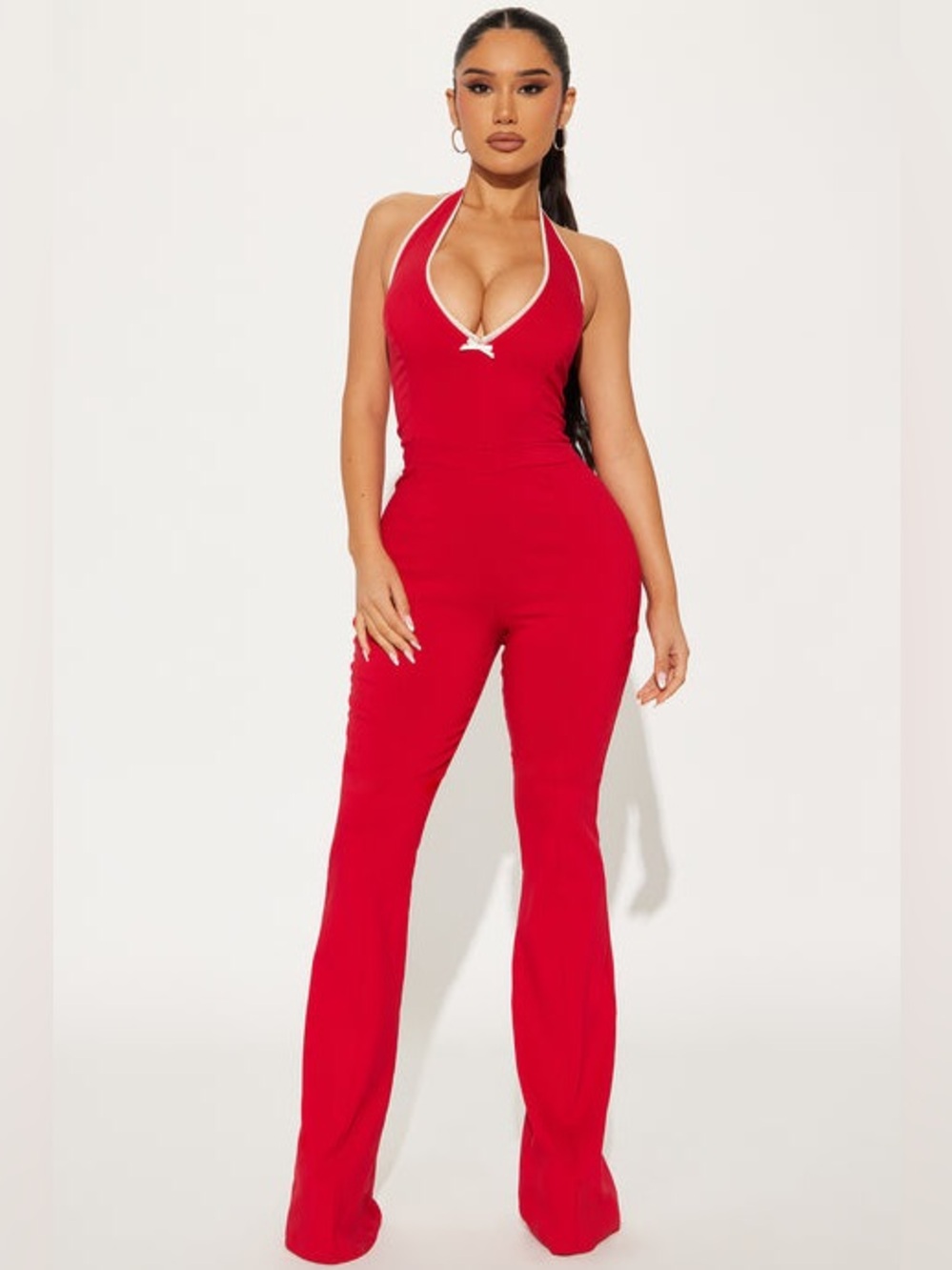 NWT Fashion Nova Falling In Love Red Flare Halter Jumpsuit Sz M